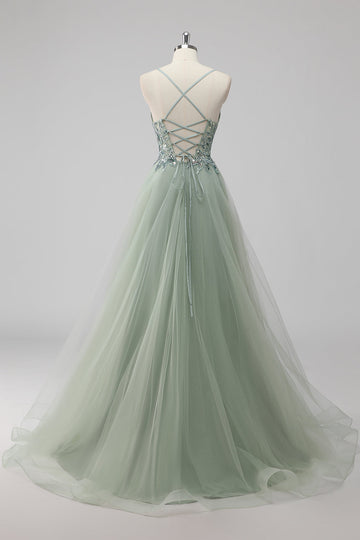 Green Tulle A Line Sequins Long Prom Dress with Lace up Back